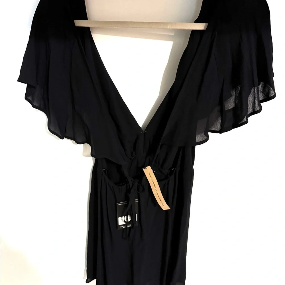 NWT Reformation Black V neck Chiffon Ruffle sleeve backless Mini Dress sz4